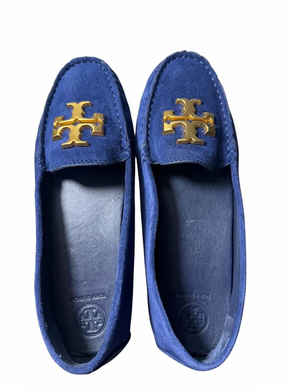 Tory Burch Everly driver loafers royal navy suede, emblem brass logo NEW size 7